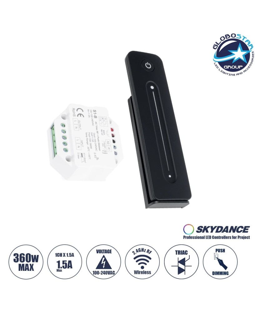 GloboStar® 73124 S1-B+R11 SKYDANCE ΣΕΤ Dimmer & Ασύρματο Χειριστήριο Αφής 1 Group RF 2.4Ghz 1.5A Max AC100-240V (360W) - DC 3V IP20 - 5 Χρόνια Εγγύηση